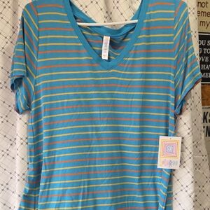 LuLaRoe Blue and Orange Striped V-Neck Tee
